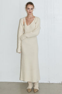 Asymmetrical Sleeveless Knit Dress Bolero Set, Cream Dresses LVIR 