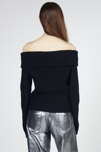 Button Front Off Shoulder Knit Top, Black Knit Tops MODU Atelier 
