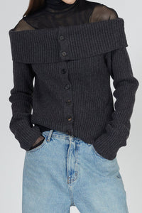 Button Front Off Shoulder Knit Top, Grey Knit Tops MODU Atelier 