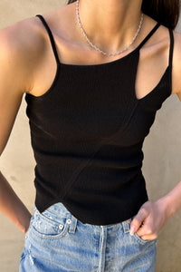 Diagonal Line Ribbed String Top, Black Shirts & Tops LVIR 