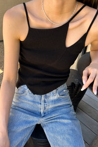 Diagonal Line Ribbed String Top, Black Shirts & Tops LVIR 