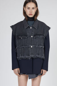 Distressed Denim Vest, Dark Grey Woven Vest MODU Atelier 