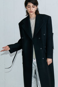 Giverny Twill Belt Detail Double Breasted Coat, Black RECTO 