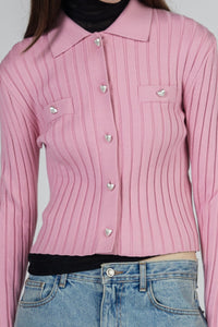 Heart Buttoned Ribbed Cardigan, Pink Knit Tops MODU Atelier 