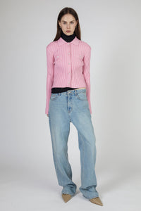 Heart Buttoned Ribbed Cardigan, Pink Knit Tops MODU Atelier 