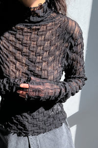 Sheer Textured Mock Neck Top, Black Knit Tops MODU Atelier 