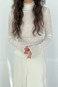 Sheer Textured Mock Neck Top, Cream Knit Tops MODU Atelier 