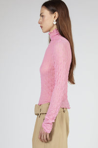 Sheer Textured Mock Neck Top, Pink Knit Tops MODU Atelier 
