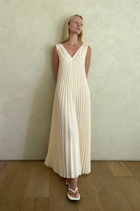 V-Neck Pleated Dress, Ivory Dresses LVIR 