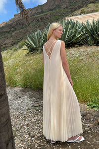 V-Neck Pleated Dress, Ivory Dresses LVIR 